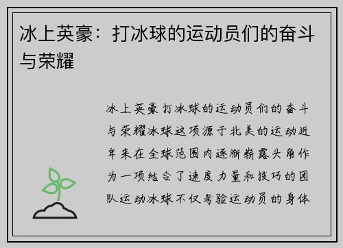 冰上英豪:打冰球的运动员们的奋斗与荣耀
