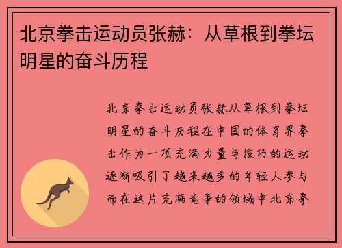 北京拳击运动员张赫:从草根到拳坛明星的奋斗历程